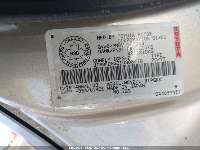 2001 Lexus Es 300 VIN: JT8BF28G310308476 Lot: 12003403