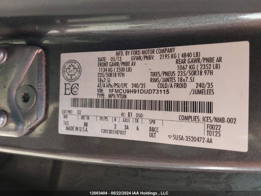 2013 Ford Escape Sel VIN: 1FMCU9H91DUD73115 Lot: 12003404