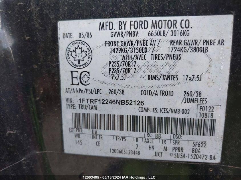 2006 Ford F-150 VIN: 1FTRF12246NB52126 Lot: 12003405