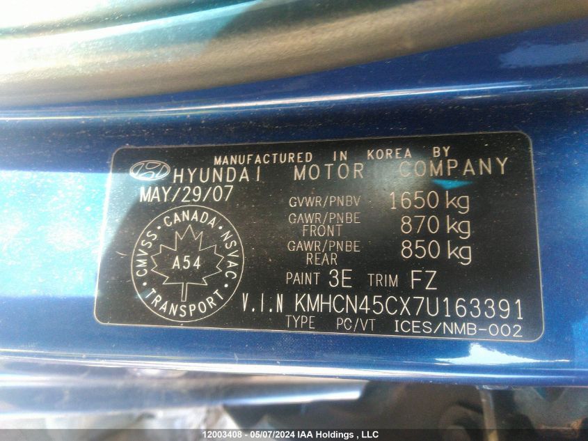 2007 Hyundai Accent Gls VIN: KMHCN45CX7U163391 Lot: 12003408