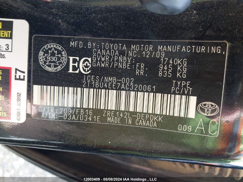 2010 Toyota Corolla Le VIN: 2T1BU4EE7AC320061 Lot: 12003409