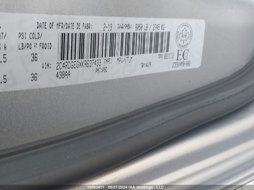 2019 Dodge Grand Caravan Gt VIN: 2C4RDGEGXKR637433 Lot: 12003411