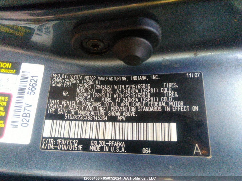 2008 Toyota Sienna Le VIN: 5TDZK23CX8S145364 Lot: 12003433