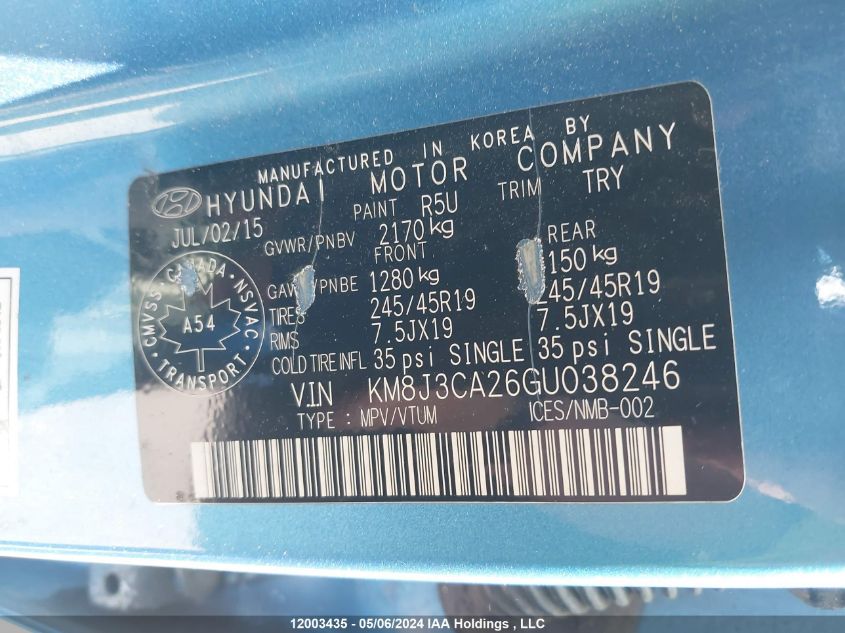 2016 Hyundai Tucson Limited/Sport And Eco/Se VIN: KM8J3CA26GU038246 Lot: 12003435