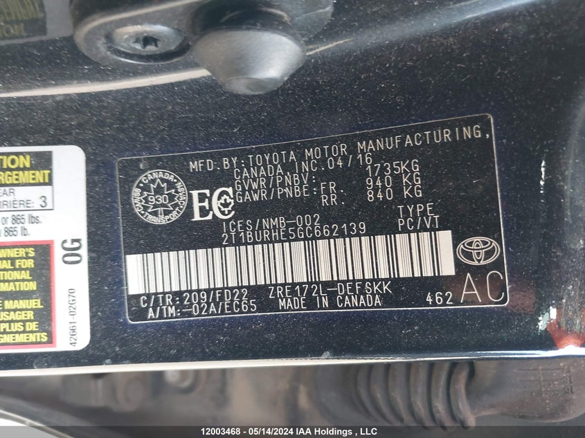 2016 Toyota Corolla Ce/Le/S VIN: 2T1BURHE5GC662139 Lot: 12003468