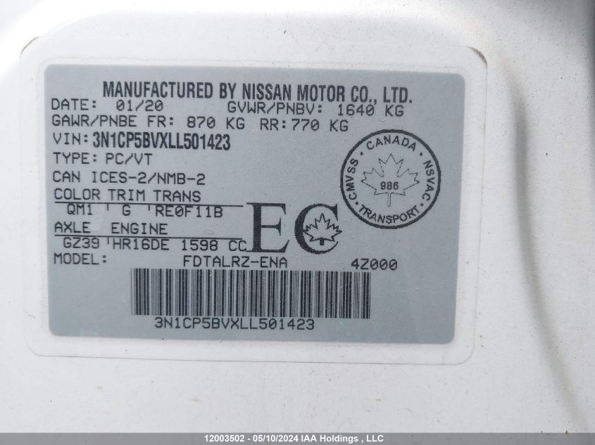 2020 Nissan Kicks S VIN: 3N1CP5BVXLL501423 Lot: 12003502