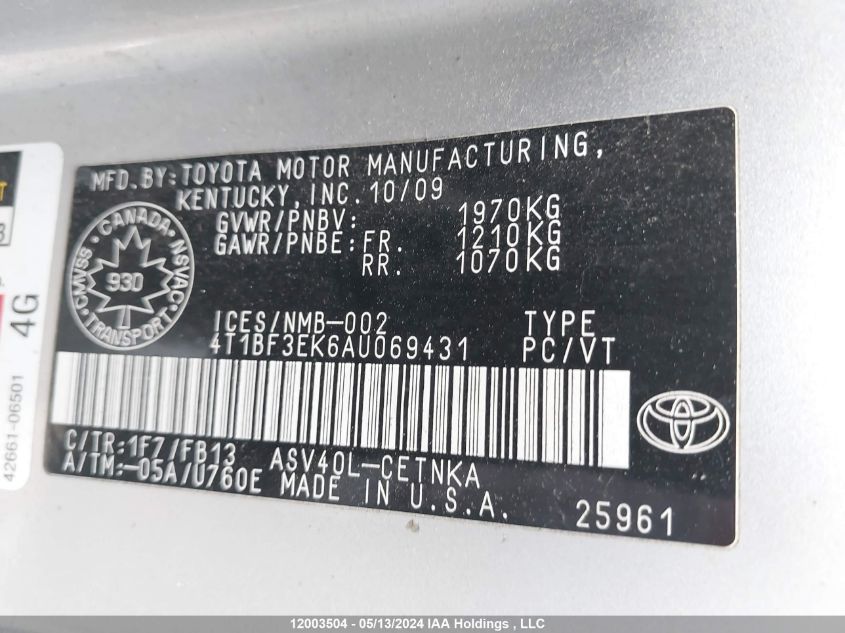 2010 Toyota Camry Se/Le/Xle VIN: 4T1BF3EK6AU069431 Lot: 12003504