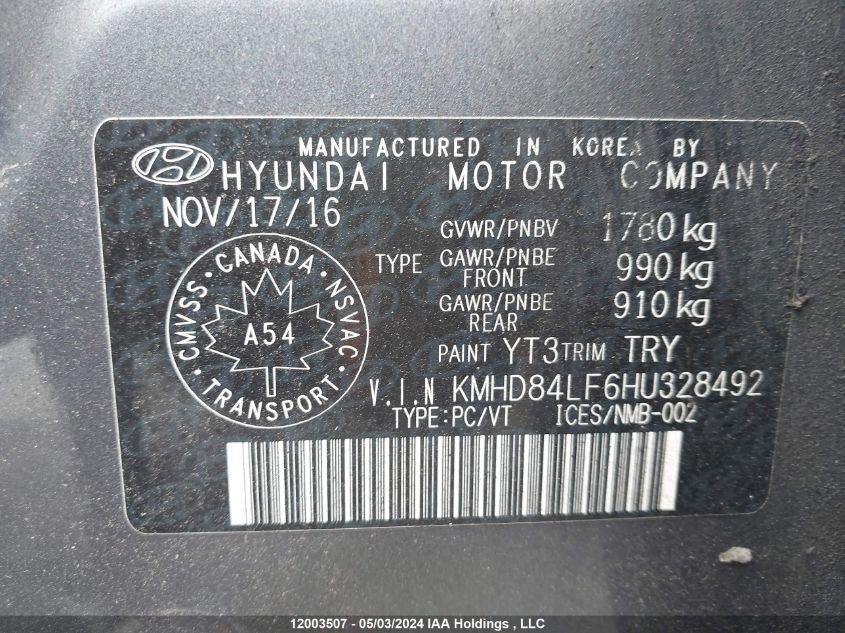 KMHD84LF6HU328492 2017 Hyundai Elantra Se/Value/Limited