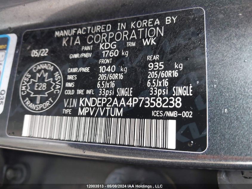 2023 Kia Seltos VIN: KNDEP2AA4P7358238 Lot: 12003513