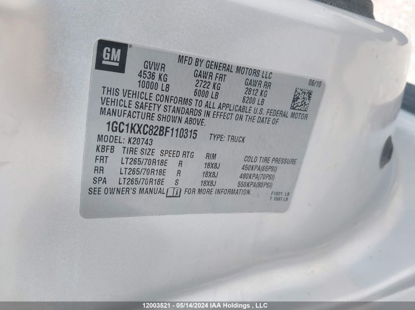 2011 Chevrolet Silverado 2500Hd Lt VIN: 1GC1KXC82BF110315 Lot: 12003521