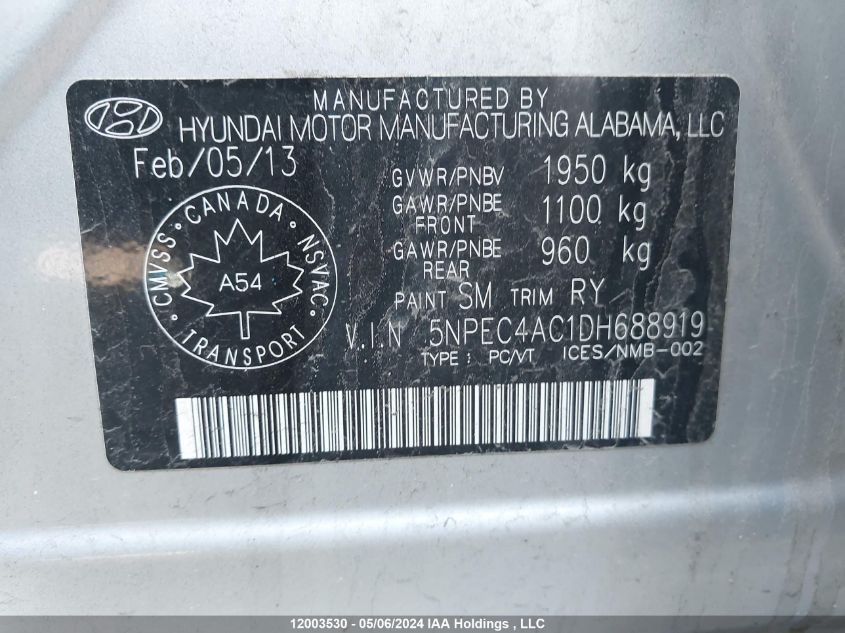 2013 Hyundai Sonata Se/Limited VIN: 5NPEC4AC1DH688919 Lot: 12003530