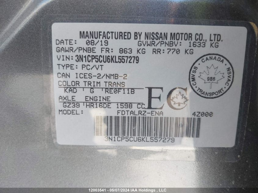 2019 Nissan Kicks VIN: 3N1CP5CU6KL557279 Lot: 12003541