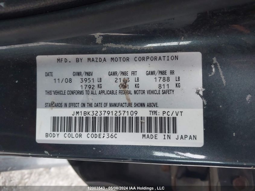 2009 Mazda 3 S VIN: JM1BK323791257109 Lot: 12003543