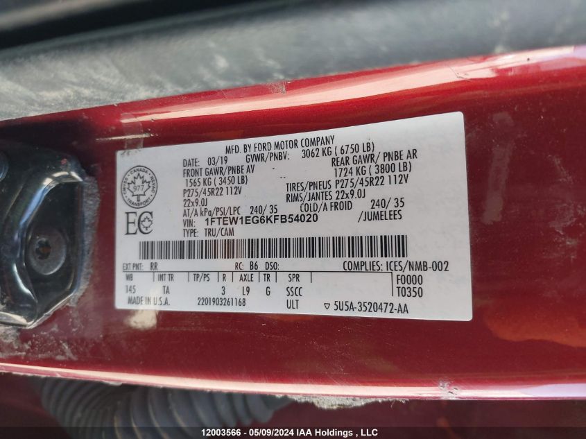 2019 Ford F150 Supercrew VIN: 1FTEW1EG6KFB54020 Lot: 12003566