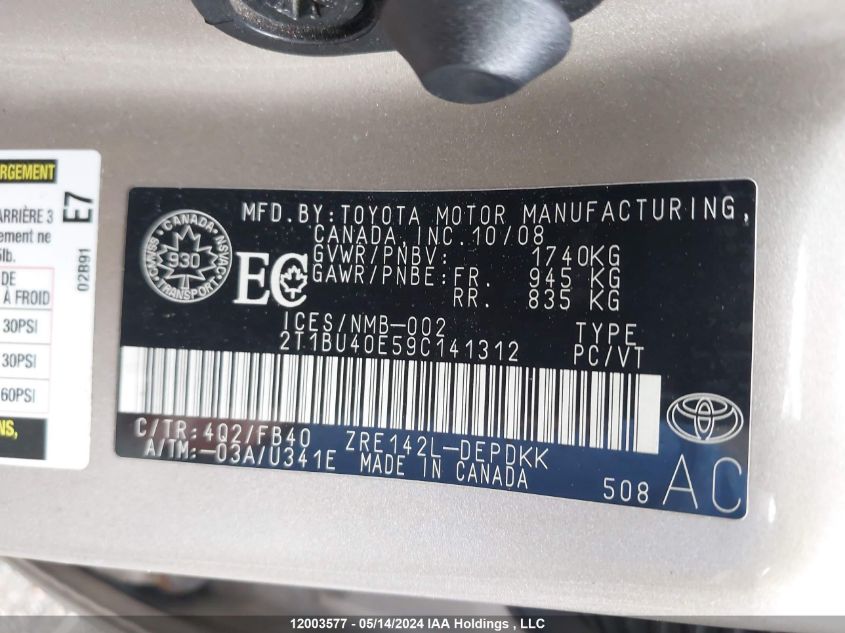 2009 Toyota Corolla VIN: 2T1BU40E59C141312 Lot: 12003577