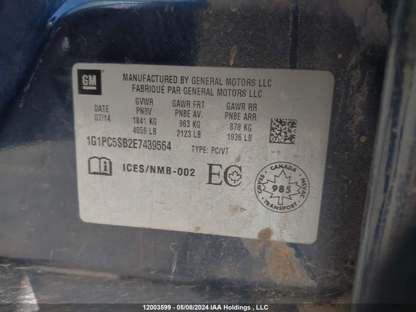2014 Chevrolet Cruze Lt VIN: 1G1PC5SB2E7439564 Lot: 12003599