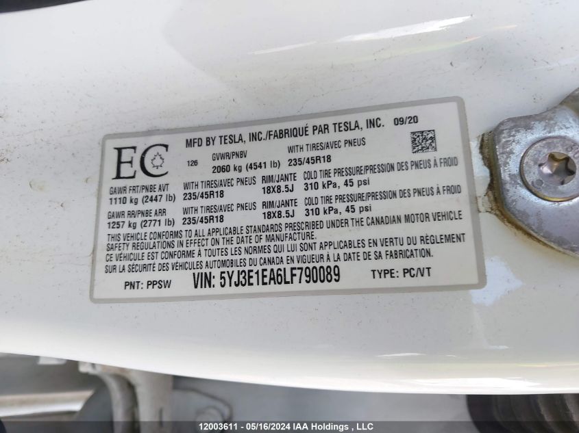 2020 Tesla Model 3 VIN: 5YJ3E1EA6LF790089 Lot: 12003611