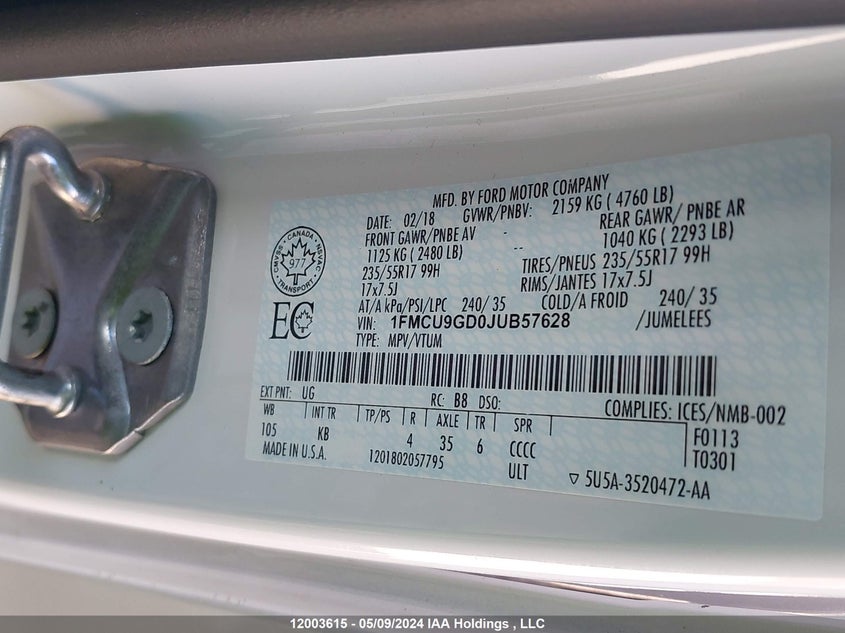 2018 Ford Escape Se VIN: 1FMCU9GD0JUB57628 Lot: 12003615