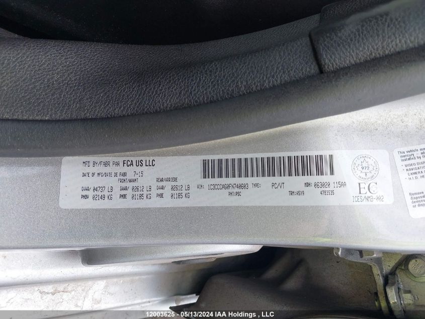 2015 Chrysler 200 VIN: 1C3CCCAG0FN740603 Lot: 12003625