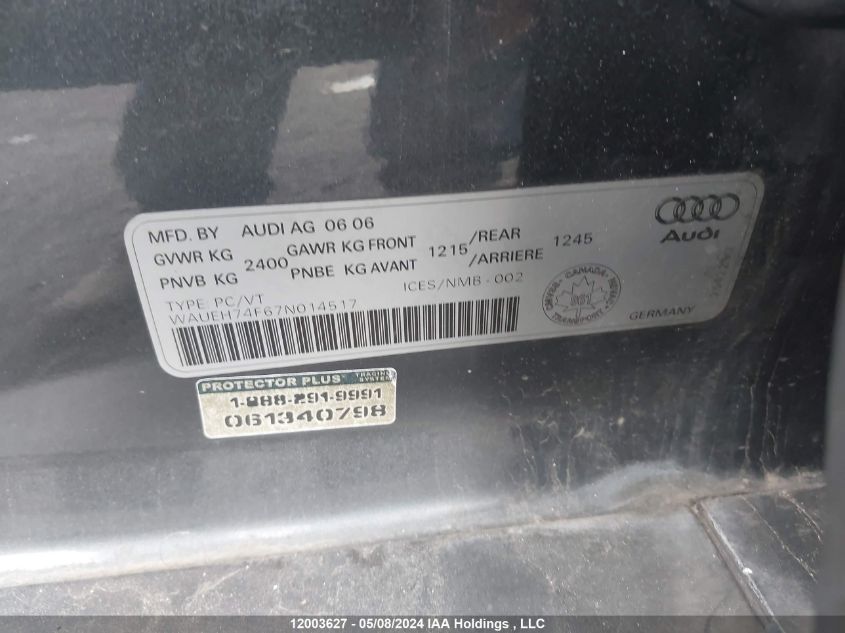 2007 Audi A6 VIN: WAUEH74F67N014517 Lot: 12003627