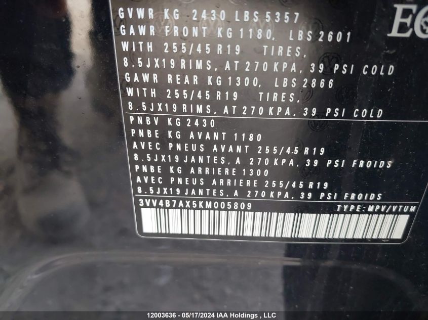 2019 Volkswagen Tiguan VIN: 3VV4B7AX5KM005809 Lot: 12003636