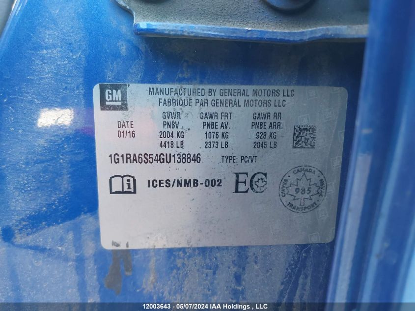 2016 Chevrolet Volt VIN: 1G1RA6S54GU138846 Lot: 12003643