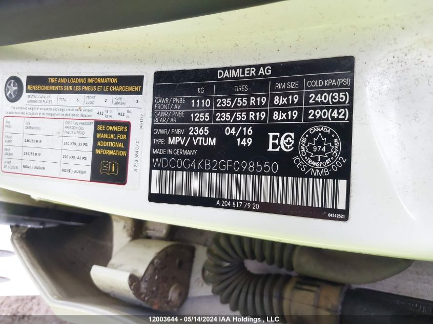 2016 Mercedes-Benz Glc VIN: WDC0G4KB2GF098550 Lot: 12003644