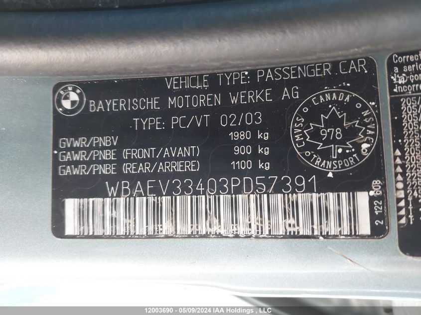 2003 BMW 325 I VIN: WBAEV33403PD57391 Lot: 12003690