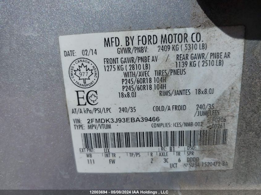 2014 Ford Edge Sel VIN: 2FMDK3J93EBA39466 Lot: 12003694