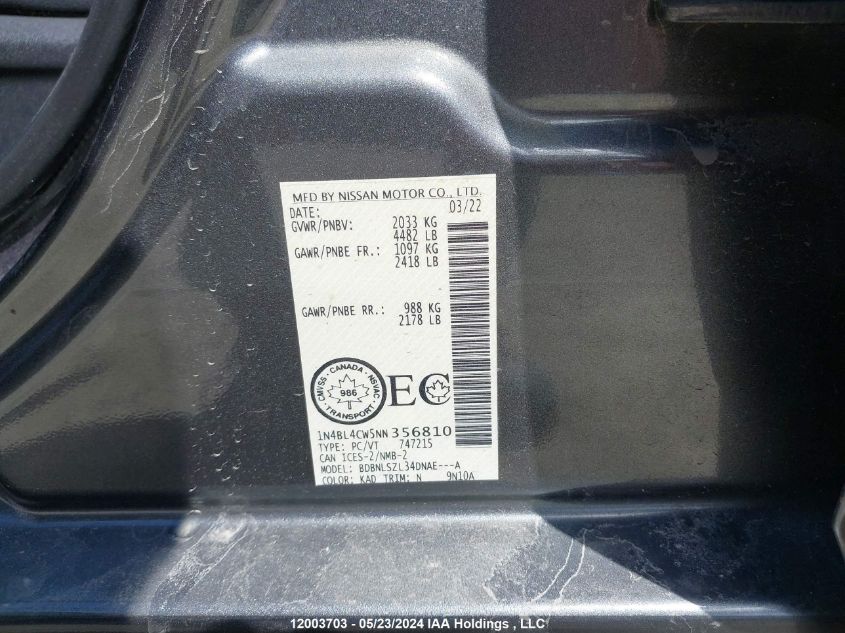 2022 Nissan Altima VIN: 1N4BL4CW5NN356810 Lot: 12003703