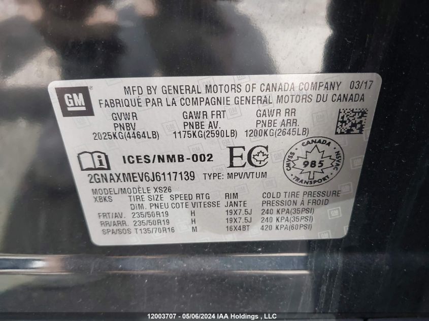 2018 Chevrolet Equinox Premier VIN: 2GNAXMEV6J6117139 Lot: 12003707