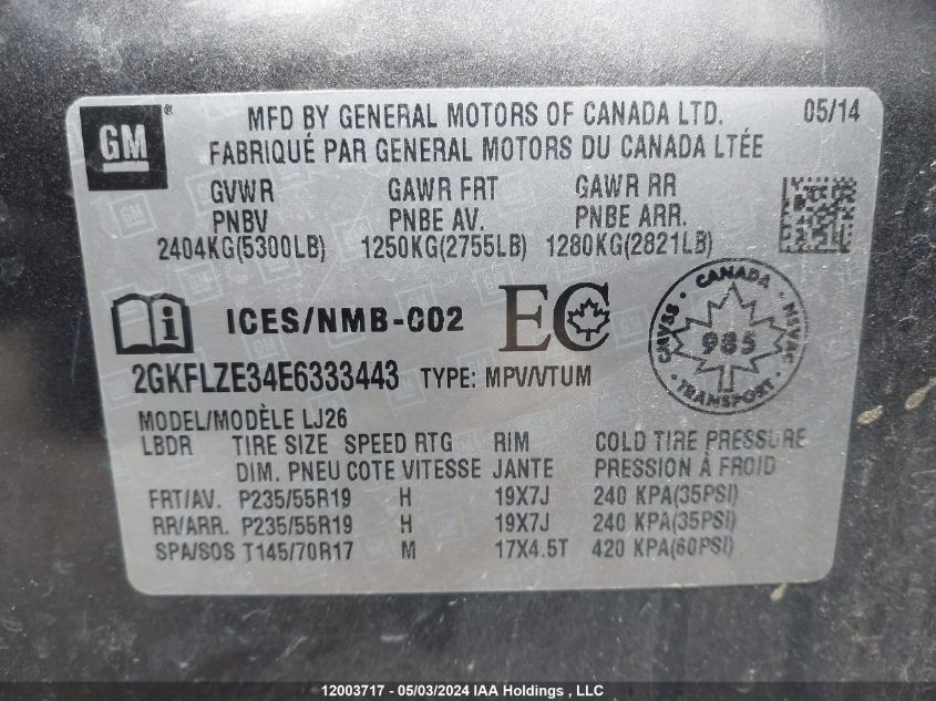2014 GMC Terrain VIN: 2GKFLZE34E6333443 Lot: 12003717