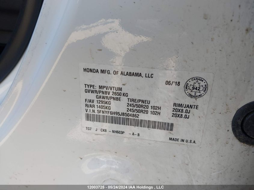 2018 Honda Pilot VIN: 5FNYF6H95JB504862 Lot: 12003725