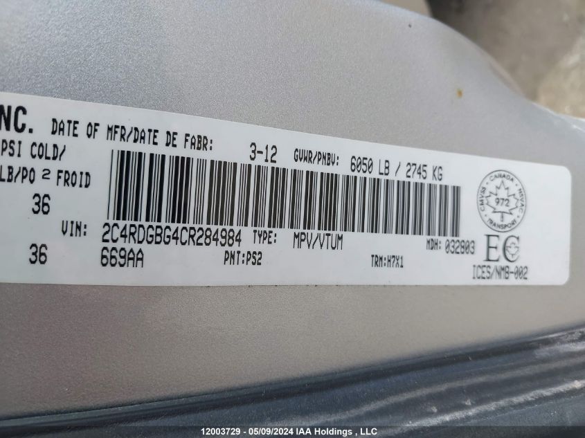 2012 Dodge Grand Caravan Se VIN: 2C4RDGBG4CR284984 Lot: 12003729