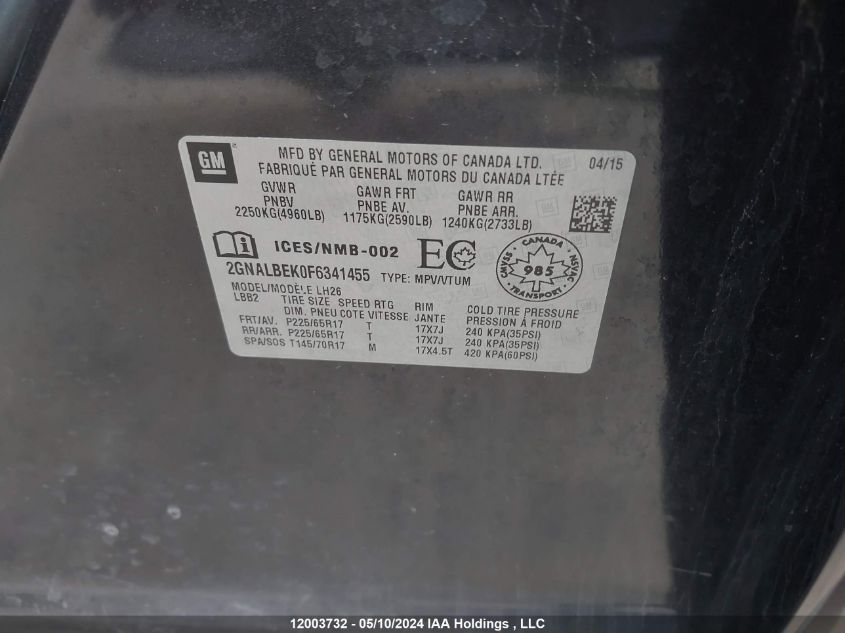 2015 Chevrolet Equinox VIN: 2GNALBEK0F6341455 Lot: 12003732