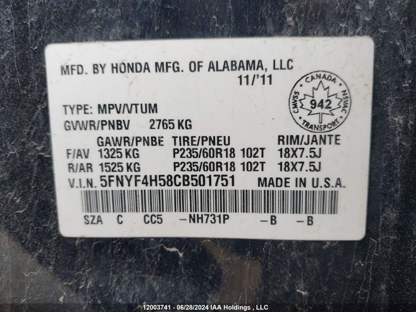 2012 Honda Pilot Exl VIN: 5FNYF4H58CB501751 Lot: 12003741