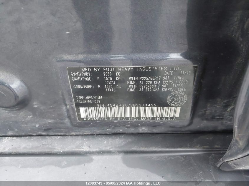 2011 Subaru Outback 2.5I Limited VIN: 4S4BRGKC3B3371455 Lot: 12003749