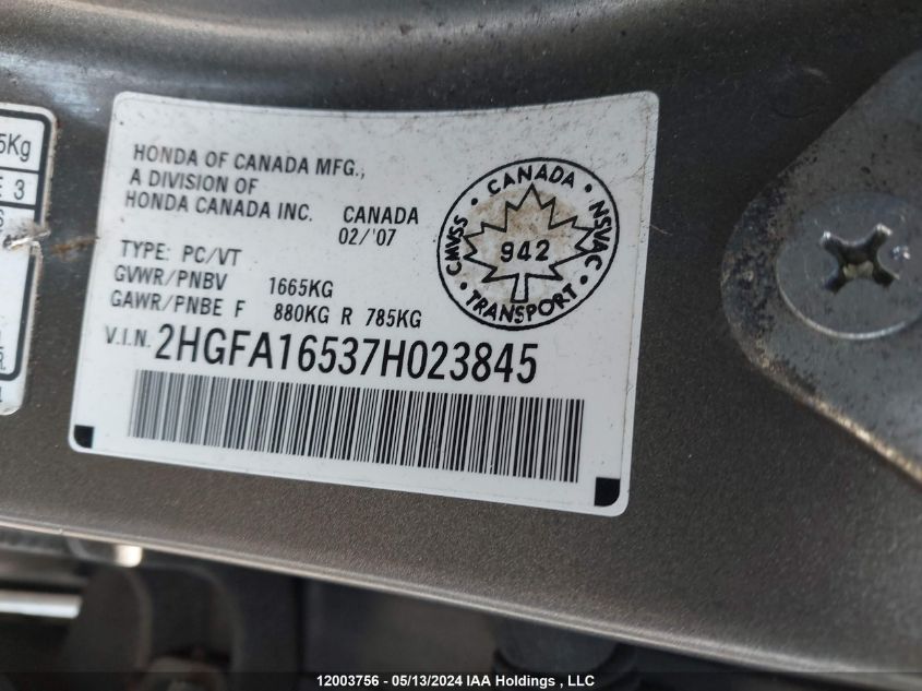 2007 Honda Civic Sdn VIN: 2HGFA16537H023845 Lot: 12003756