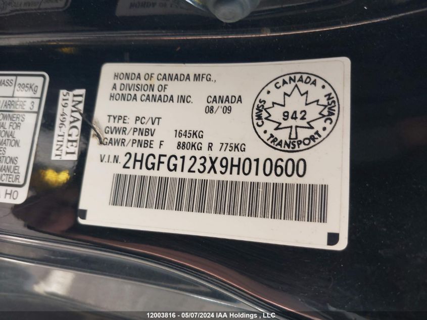 2009 Honda Civic Cpe VIN: 2HGFG123X9H010600 Lot: 12003816