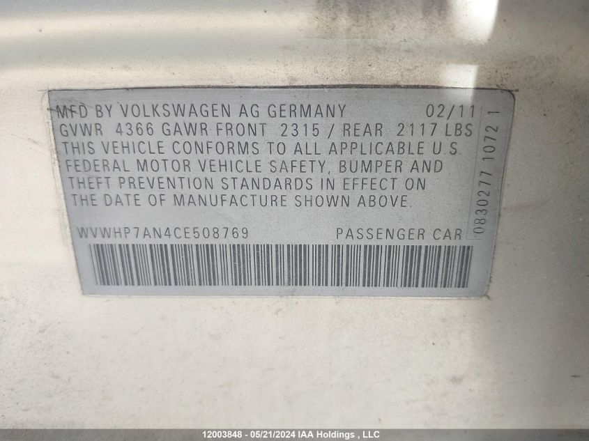 2012 Volkswagen Cc Luxury VIN: WVWHP7AN4CE508769 Lot: 12003848