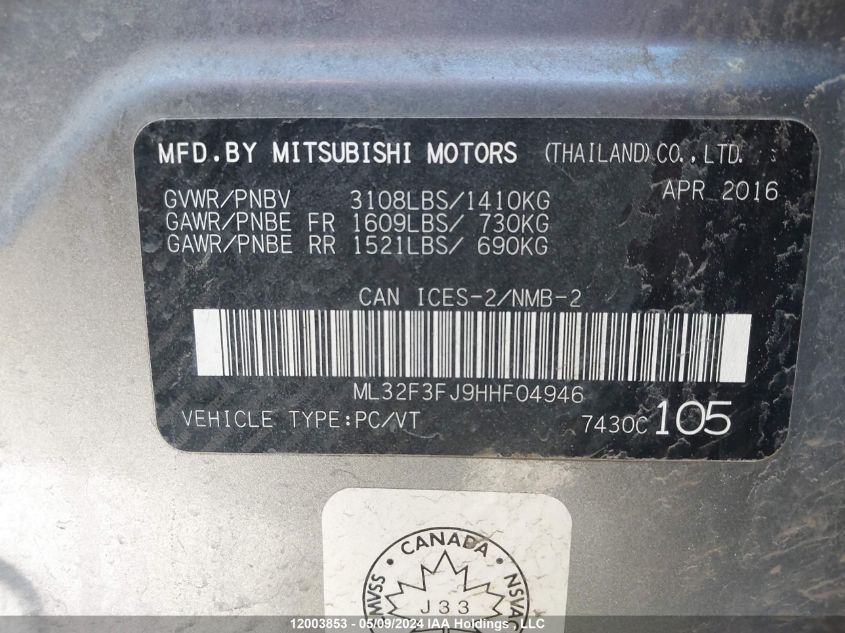 2017 Mitsubishi Mirage G4 VIN: ML32F3FJ9HHF04946 Lot: 12003853