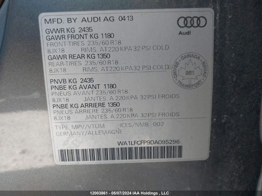 2013 Audi Q5 VIN: WA1LFCFP9DA095296 Lot: 12003861