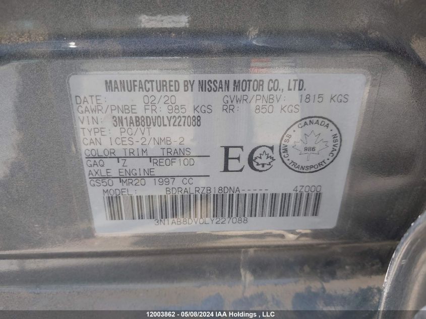 2020 Nissan Sentra VIN: 3N1AB8DV0LY227088 Lot: 12003862