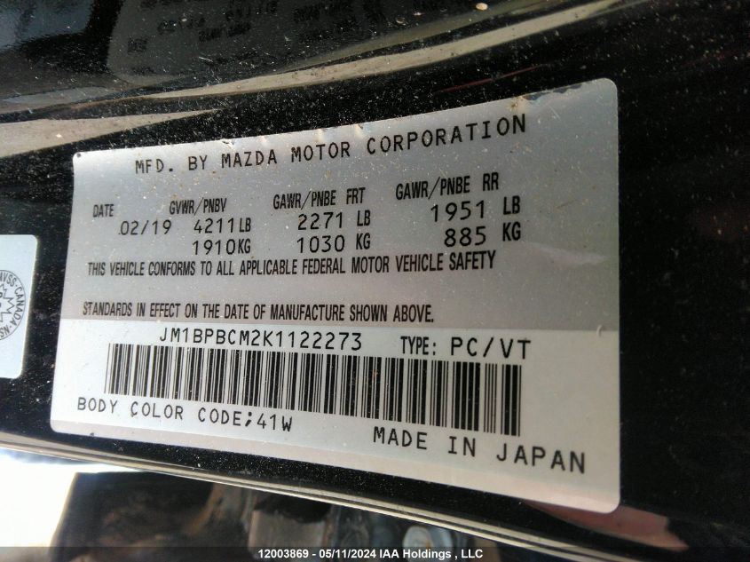 2019 Mazda Mazda3 VIN: JM1BPBCM2K1122273 Lot: 12003869