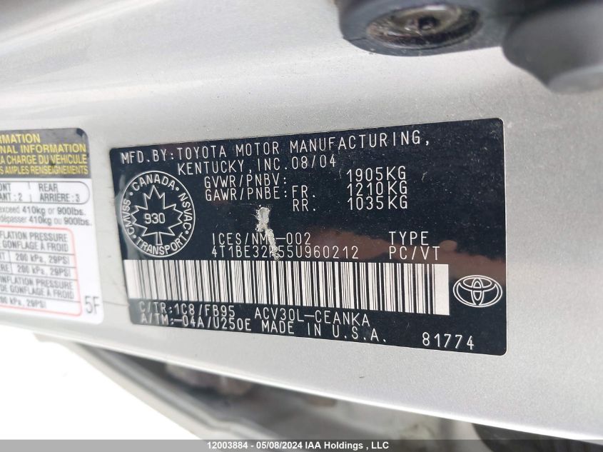 2005 Toyota Camry Le/Xle/Se VIN: 4T1BE32K55U960212 Lot: 12003884