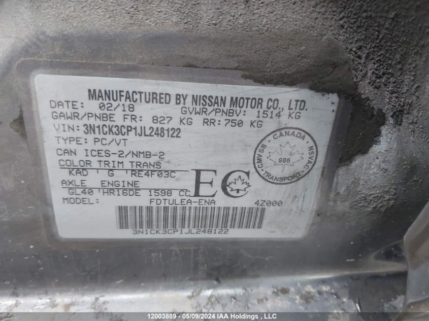 2018 Nissan Micra VIN: 3N1CK3CP1JL248122 Lot: 12003889