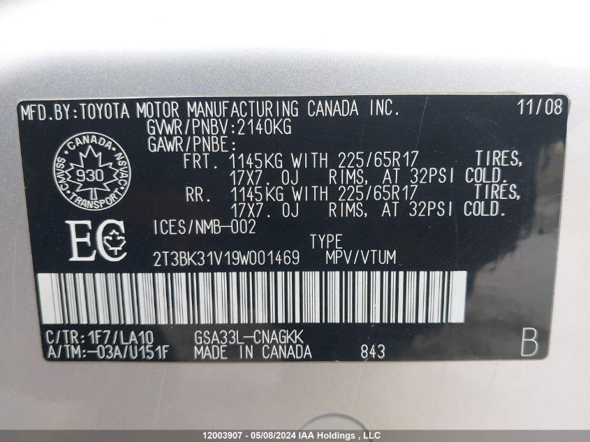 2009 Toyota Rav4 Limited VIN: 2T3BK31V19W001469 Lot: 12003907