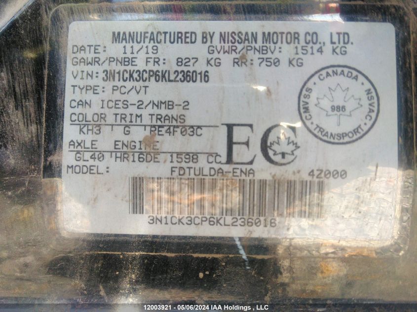 2019 Nissan Micra VIN: 3N1CK3CP6KL236016 Lot: 12003921