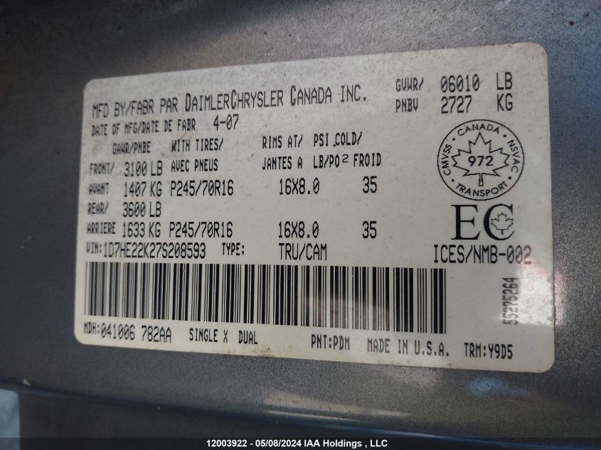 2007 Dodge Dakota St VIN: 1D7HE22K27S208593 Lot: 12003922