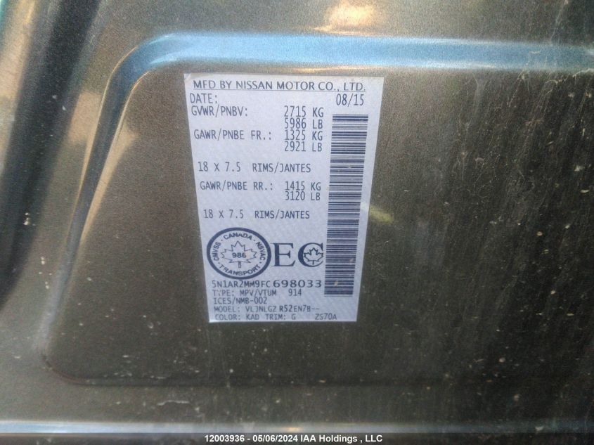 2015 Nissan Pathfinder S/Sv/Sl/Platinum VIN: 5N1AR2MM9FC698033 Lot: 12003936